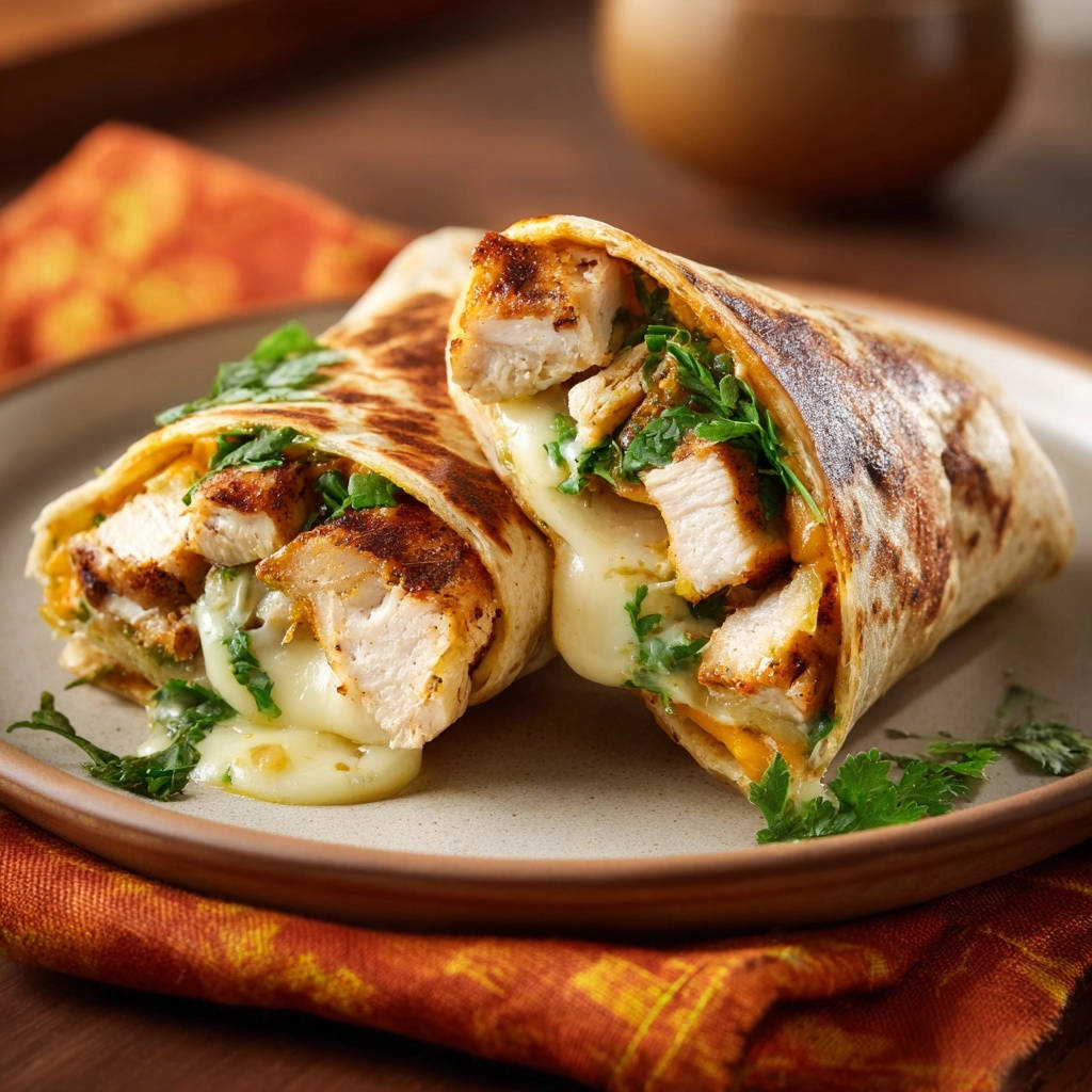 Zesty grilled chicken wraps showing a cross-section with juicy chicken and melted cheese oozing out.