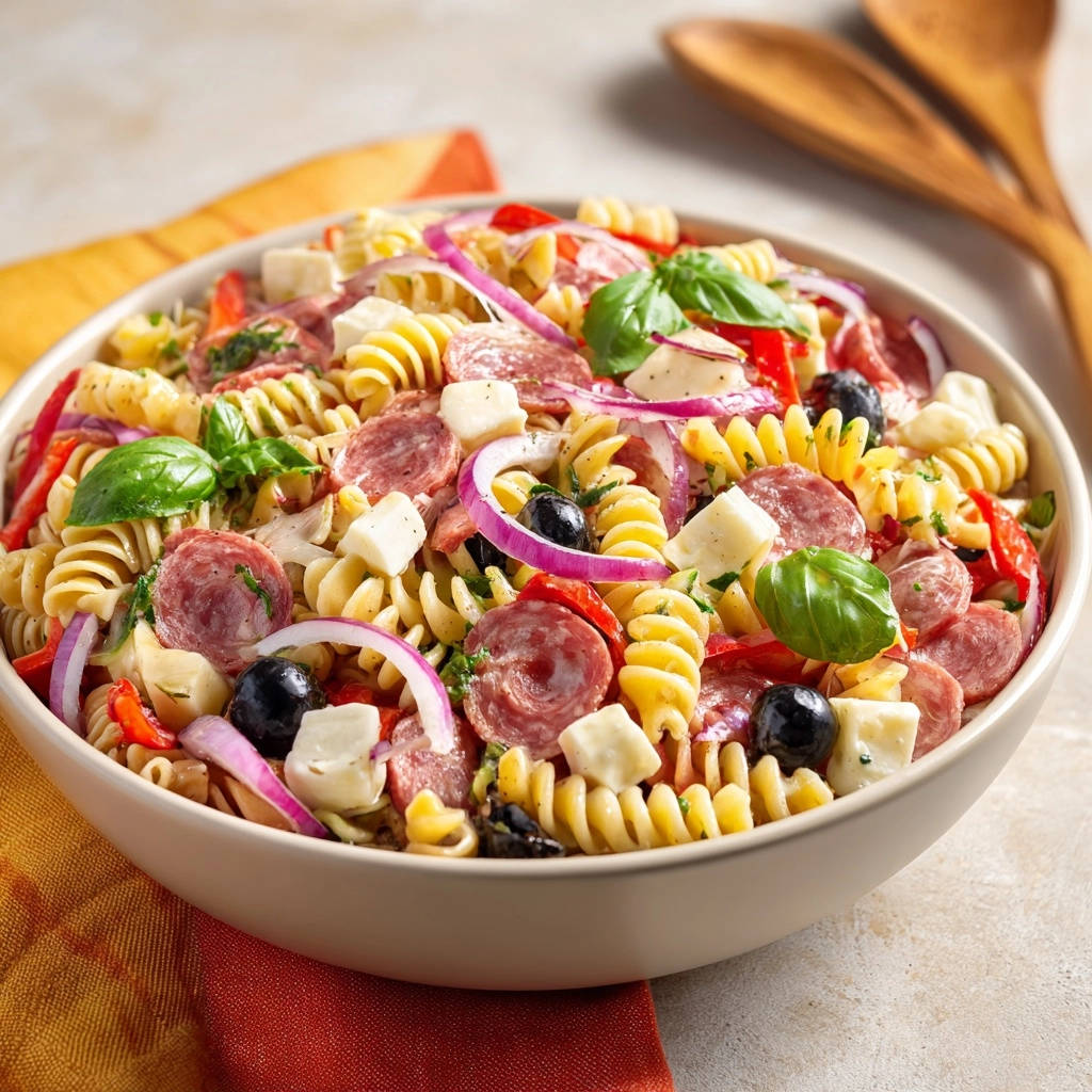 Zesty Italian pasta salad with salami, cheese, olives, and red onion in a close-up bowl view.