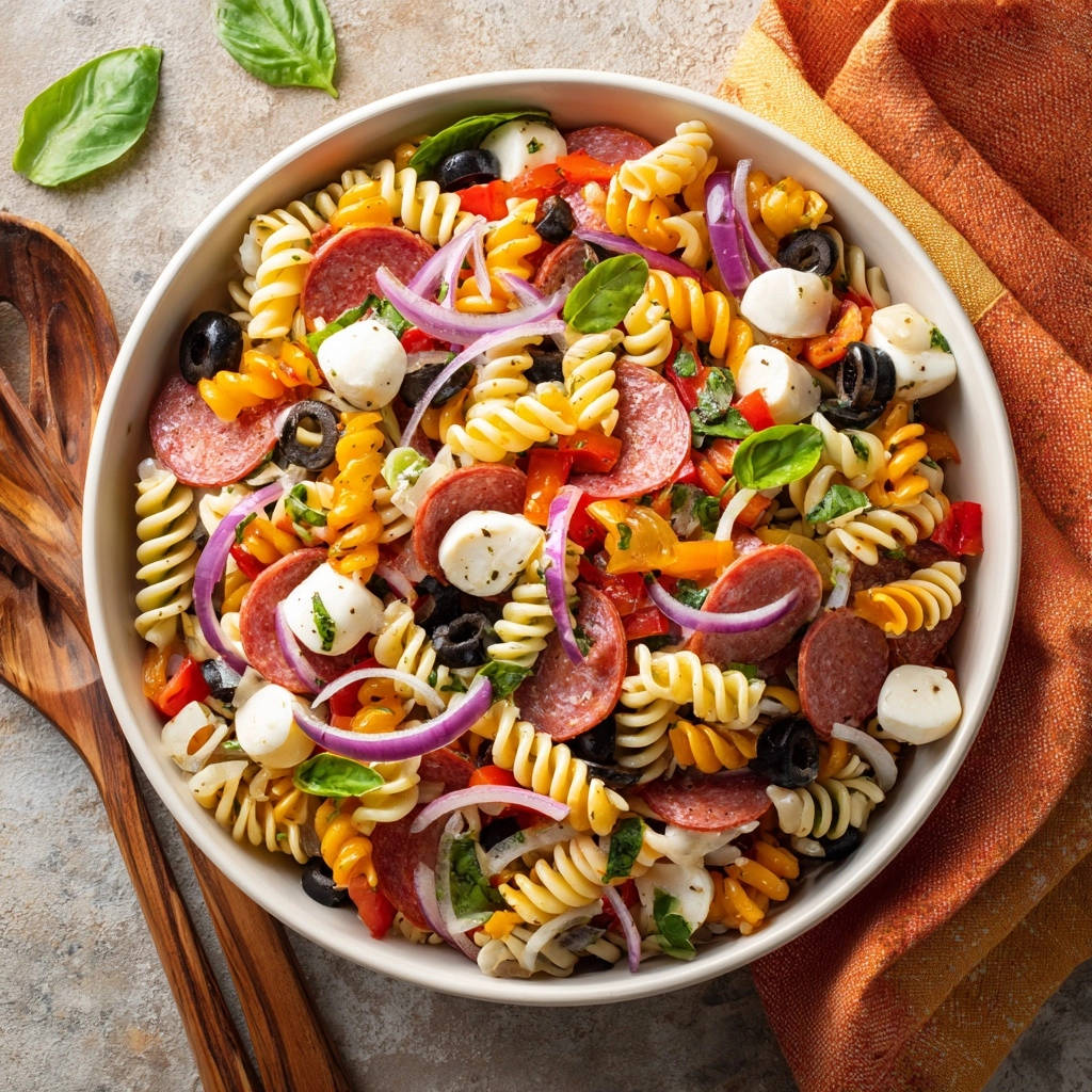 Zesty Italian pasta salad in a white bowl, packed with rotini, pepperoni, mozzarella balls, olives, and red onion, viewed from directly above.