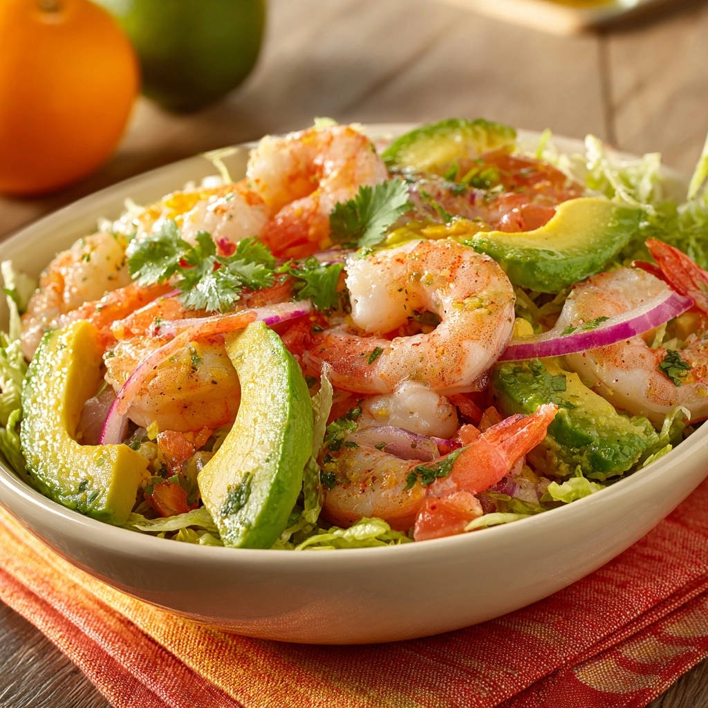 Zesty shrimp and avocado salad shown in a close-up view of a bowl, featuring tender shrimp and creamy avocado slices.