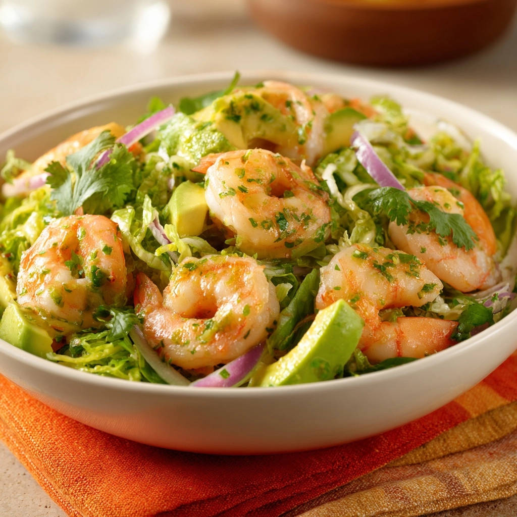 Zesty shrimp and avocado salad shown in a close-up view of a bowl with fresh ingredients.