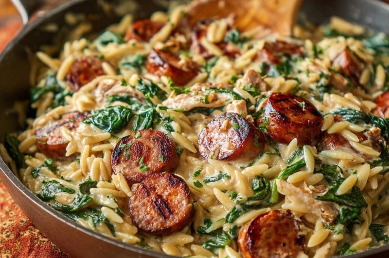 Creamy Skillet Orzo with Sausage and Spinach