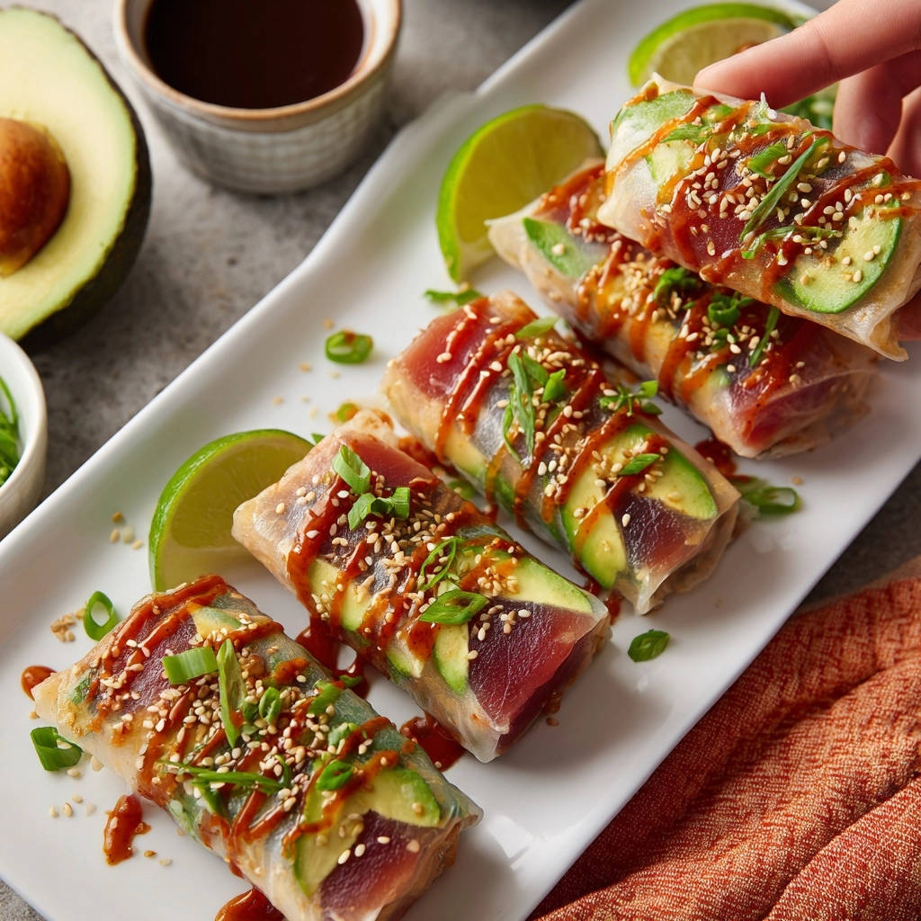 Ahi tuna fresh spring rolls being held and drizzled with sauce and garnished with sesame seeds and scallions.