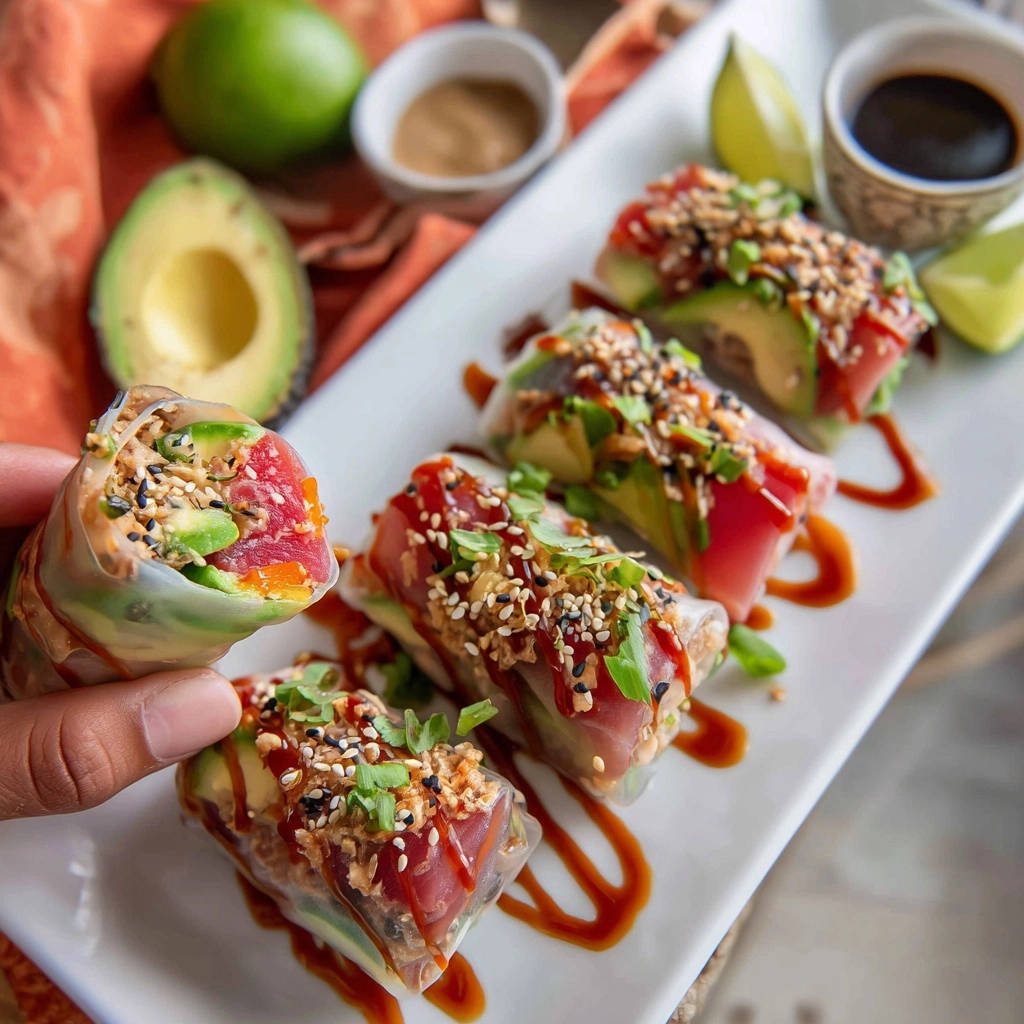 Ahi tuna fresh spring rolls shown hand-held with a cross-section revealing the fresh ingredients and sauce.