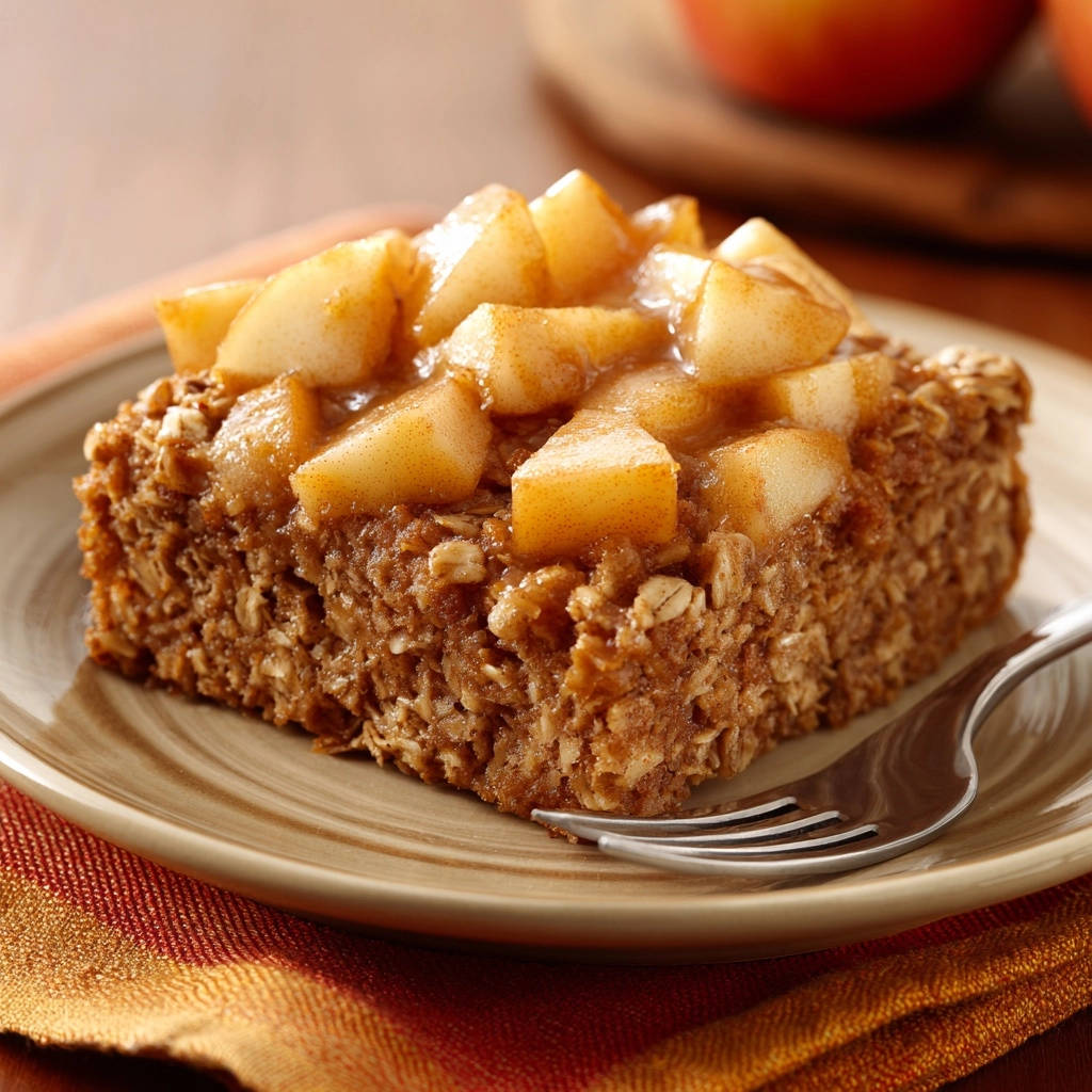 Apple cinnamon baked oatmeal served as a plated slice topped with tender, spiced apple chunks.