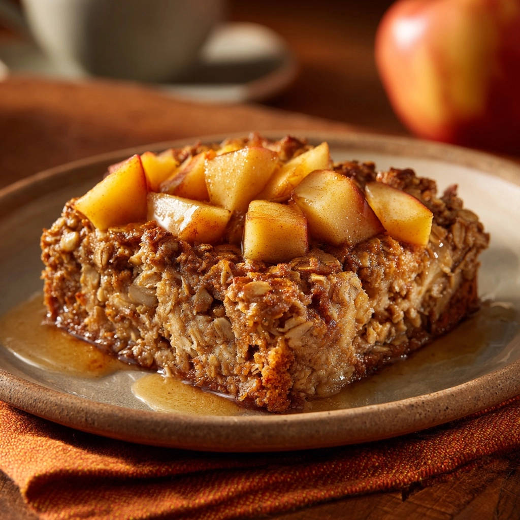 Apple cinnamon baked oatmeal plated with a drizzle of syrup and topped with warm, diced apples.