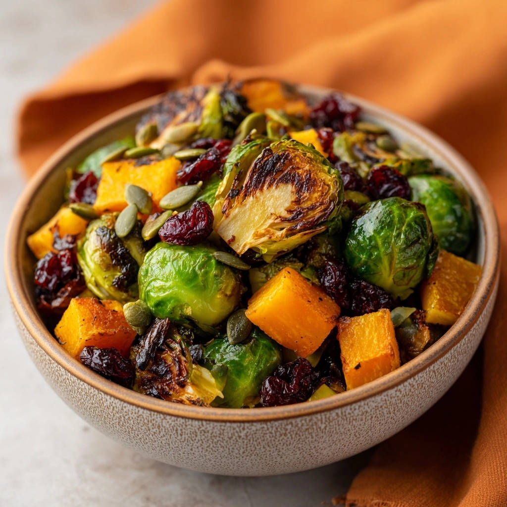 Autumn Harvest Roasted Medley served in a bowl, showcasing roasted Brussels sprouts, butternut squash, cranberries, and pumpkin seeds.