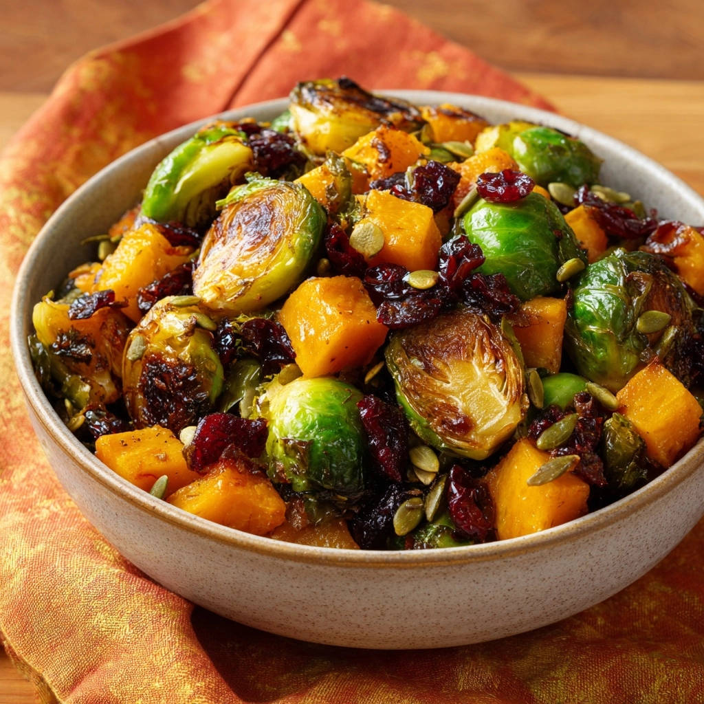 Autumn harvest roasted medley in a bowl, featuring roasted butternut squash, Brussels sprouts, cranberries, and pumpkin seeds.
