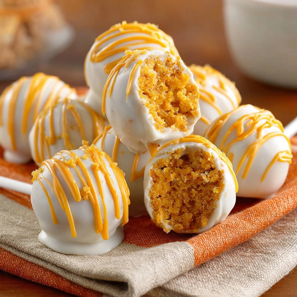 Autumn spice cake pops with a white chocolate coating and orange drizzle, showing a close-up cross-section of the crumbly interior.