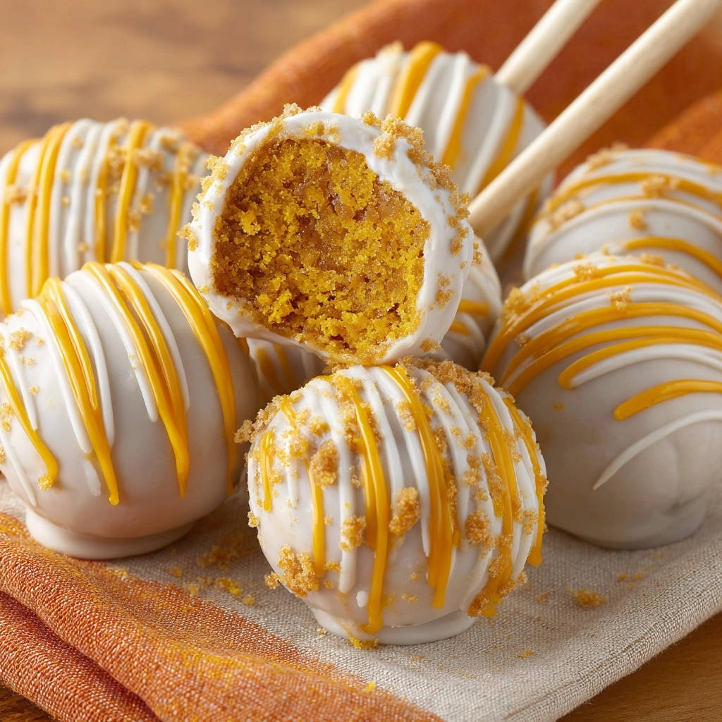 Autumn spice cake pops with a visible cross-section revealing the crumbly interior, drizzled with white and orange icing.