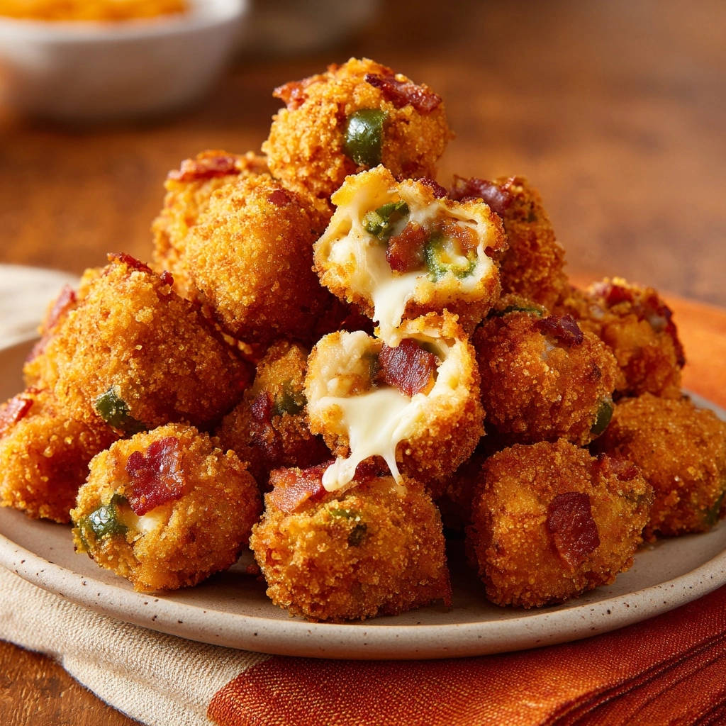 Crispy bacon jalapeño popper bites showing a gooey cheese cross-section with melted cheese oozing out.