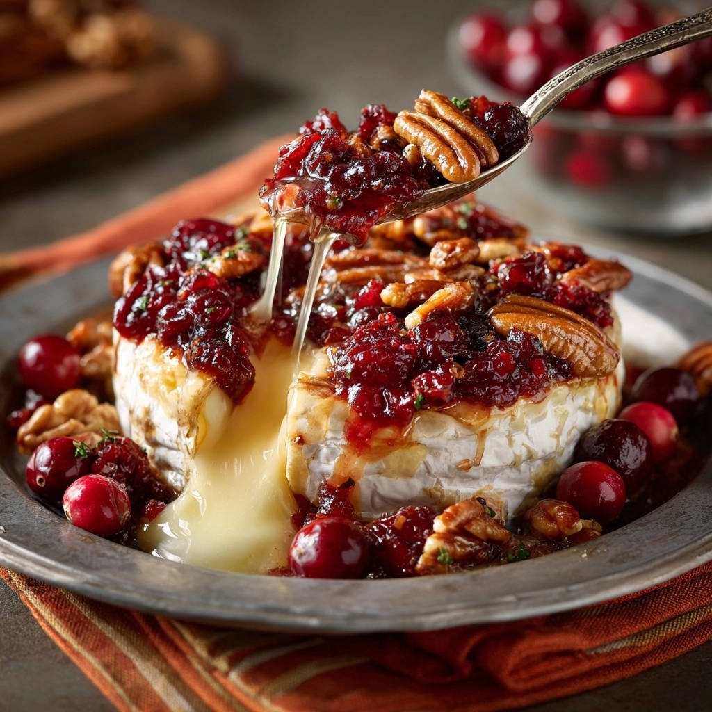 Baked brie with cranberry pecan topping showing a gooey melted interior with a spoon lifting a portion.