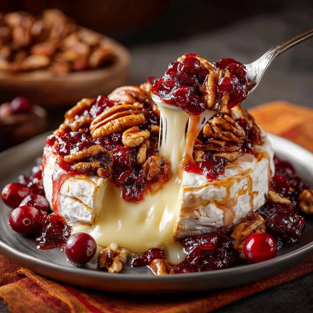 Baked brie with cranberry pecan topping, showing a gooey cross-section with melted cheese and toppings being scooped.