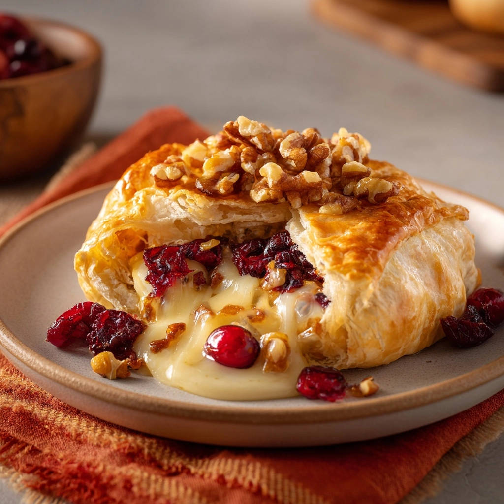 Baked brie en croute with a gooey interior, topped with walnuts and cranberries, served on a plate.