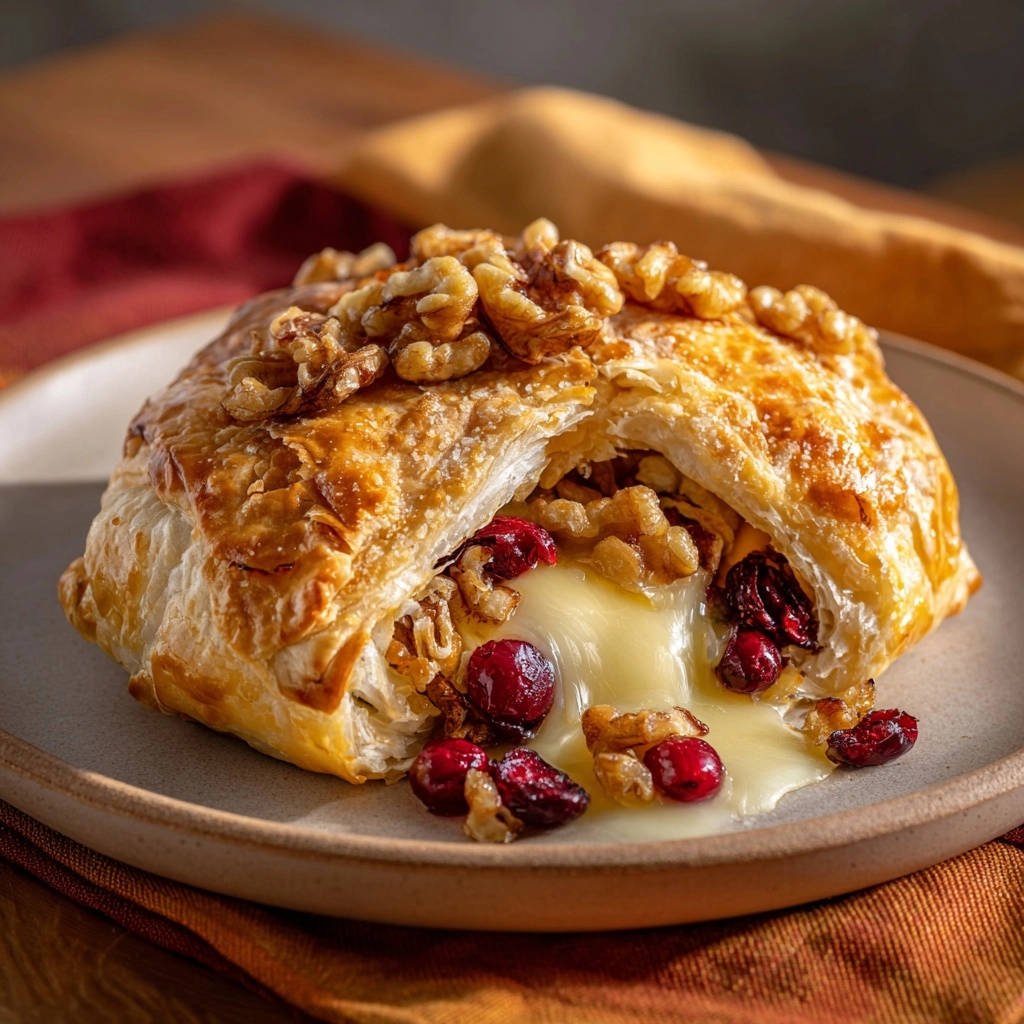 Baked Brie en Croute with a gooey melted interior, walnuts, and cranberries spilling out.