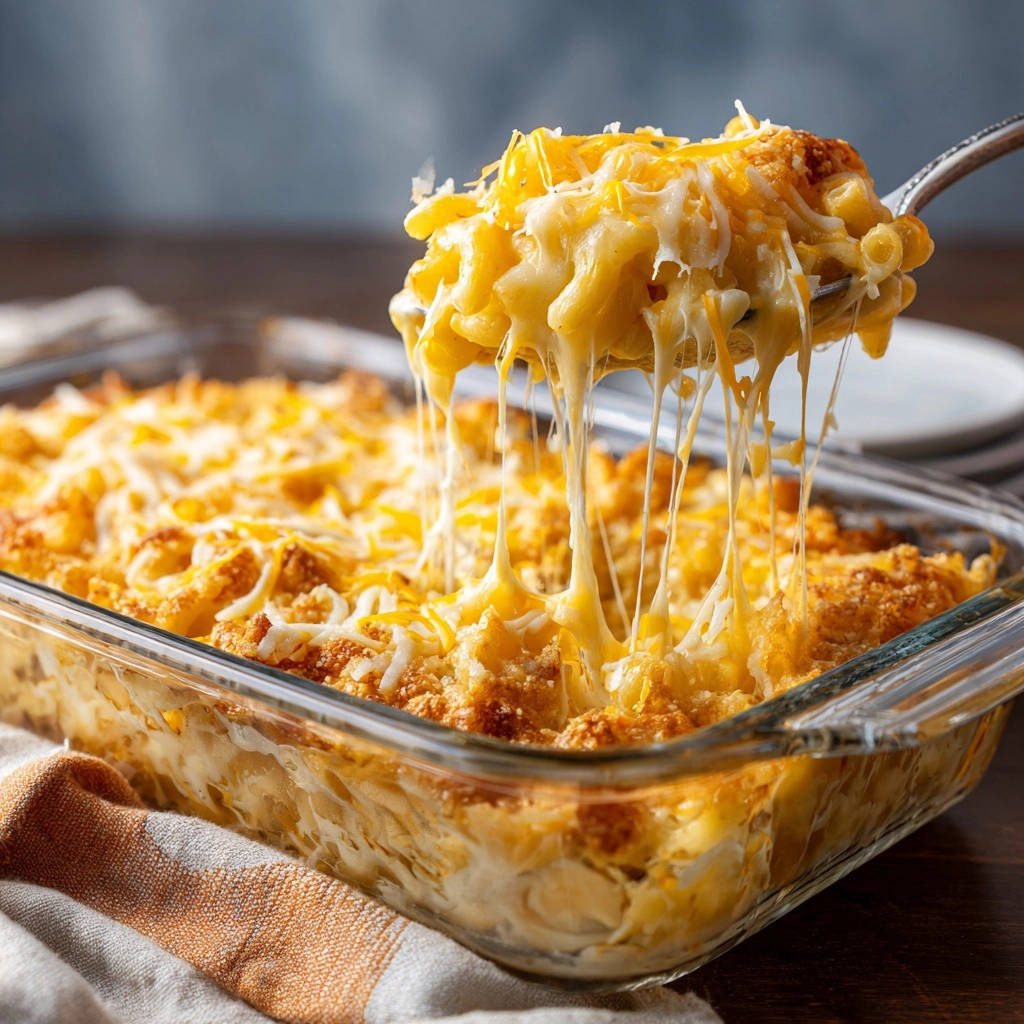 Baked mac and cheese with a generous portion being lifted from the dish, showing long, stretchy cheese pulls.