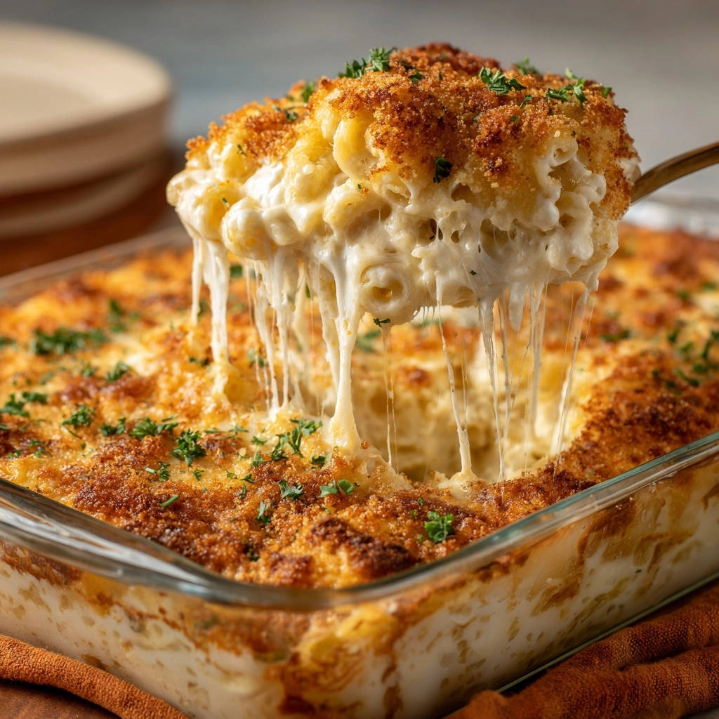 Baked mac and cheese with a gooey cheese pull as a serving spoon lifts a portion from the casserole dish.