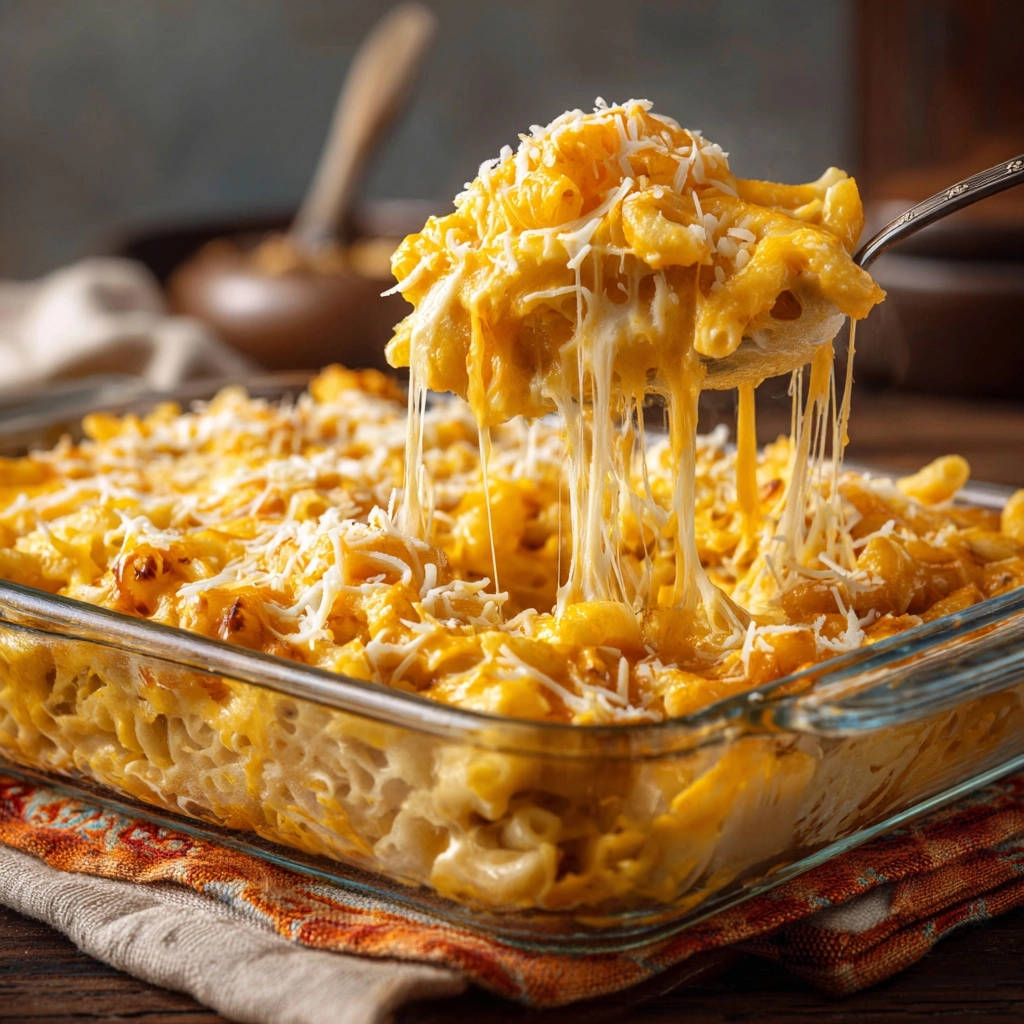 Baked mac and cheese with a spoon lifting a cheesy portion showing a gooey cheese pull.