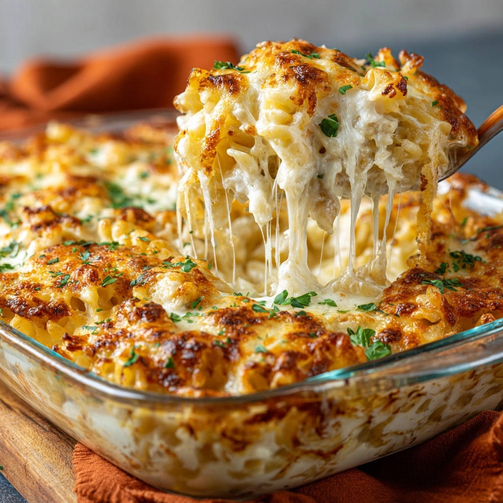 Baked mac and cheese with a gooey cheese pull, showcasing its creamy and golden-brown baked topping.