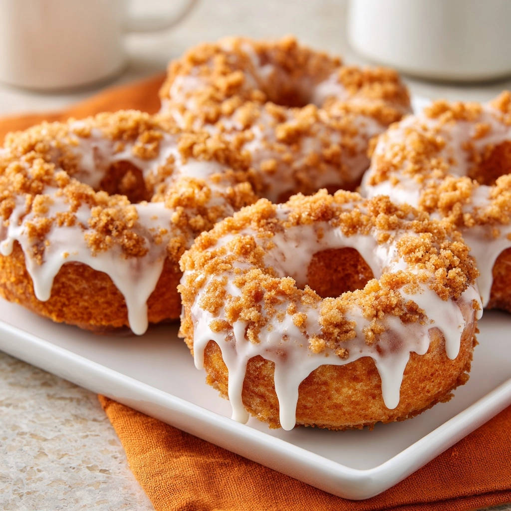 Bakery-style crumble glazed donuts showing a close-up of the white glaze and crumb topping.