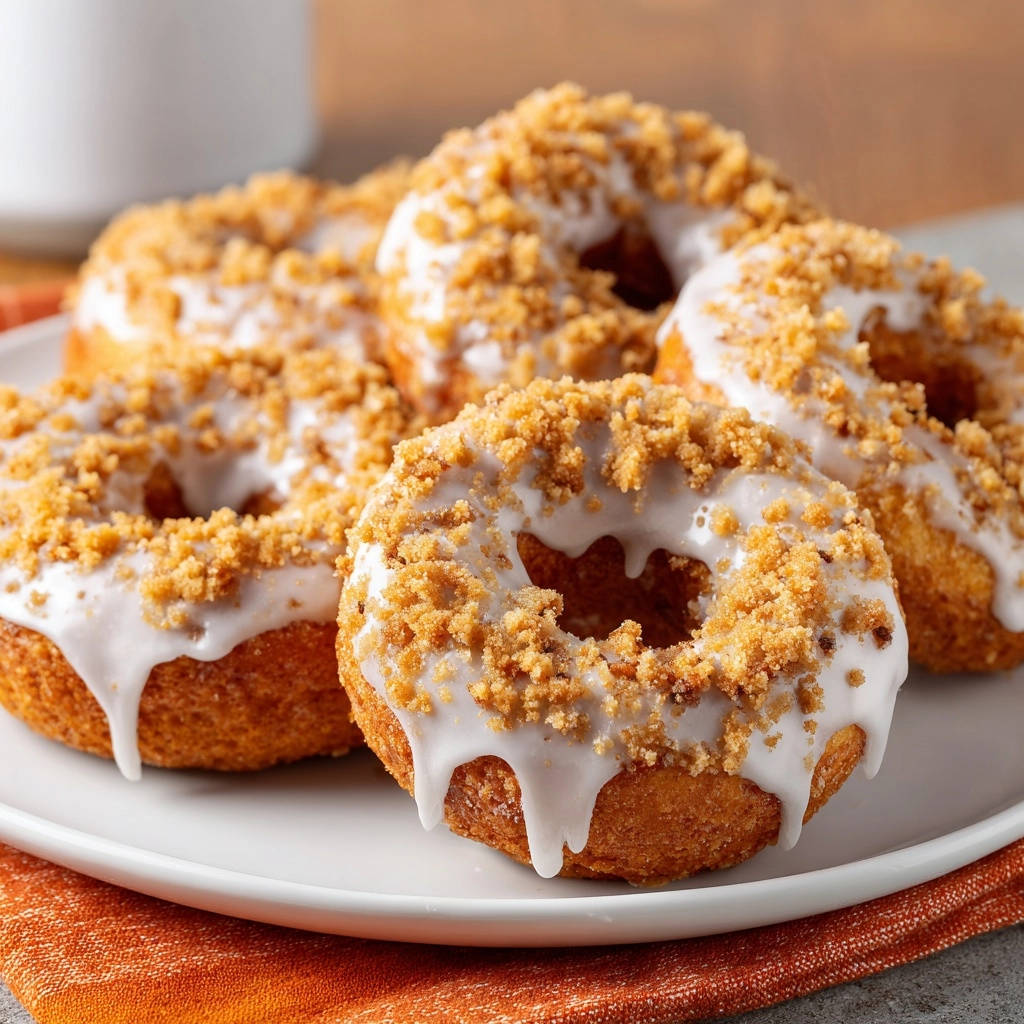 Bakery-style crumble glazed donuts stacked on a white plate, showcasing their fluffy texture and sweet topping.