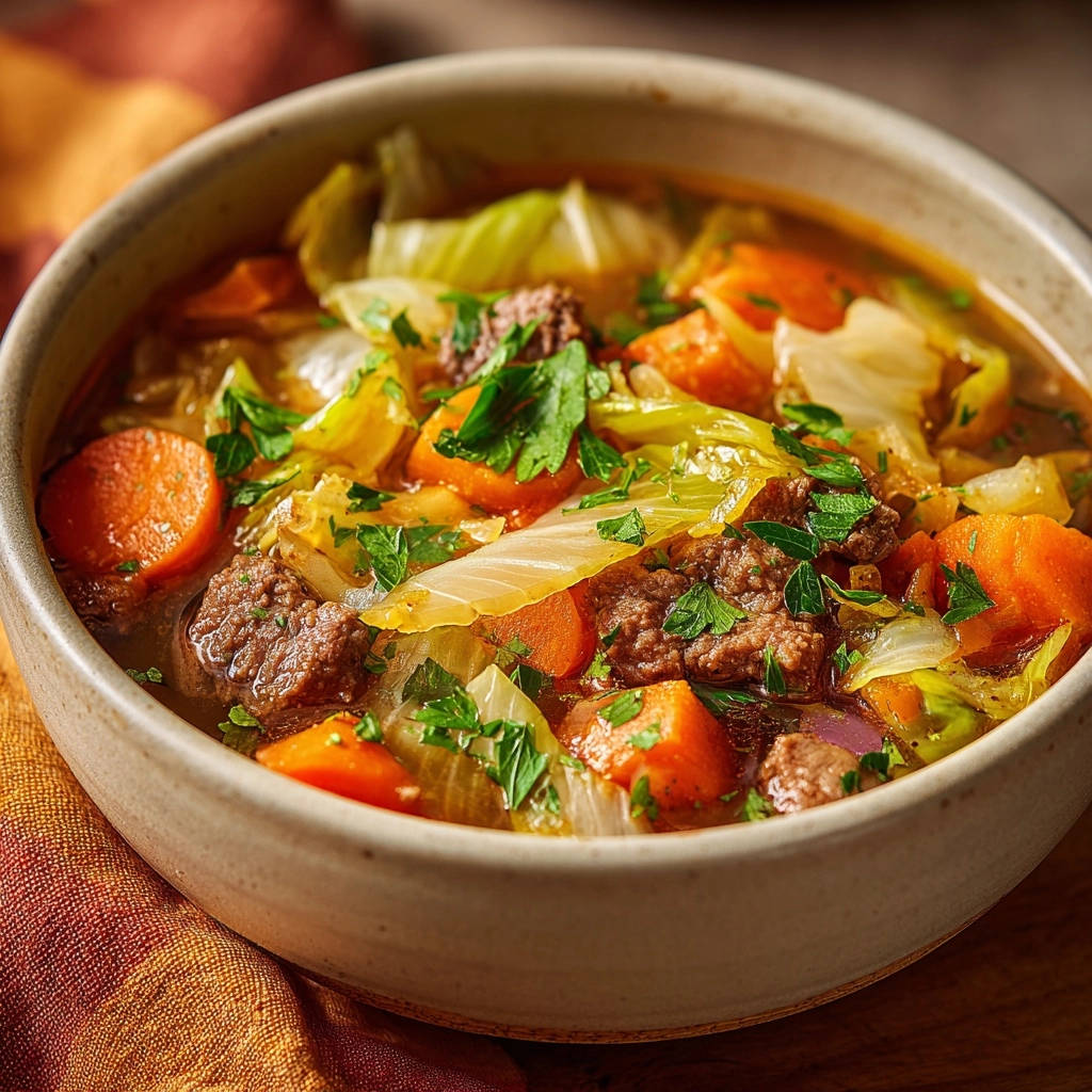 Hearty beef and cabbage soup shown in a close-up view of a bowl filled with tender beef, carrots, and cabbage.