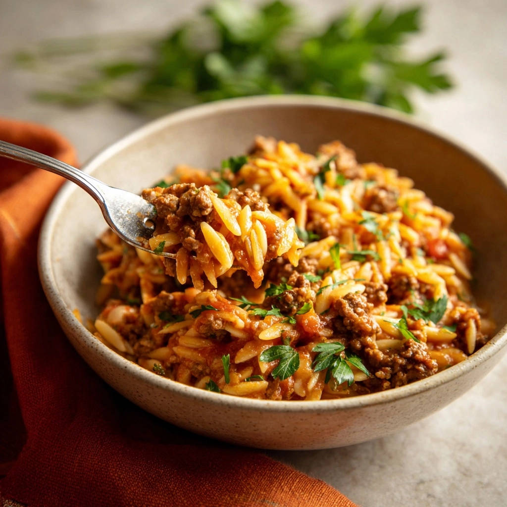Hearty One-Pot Beef Orzo shown on a fork, with a close-up detail of the pasta and meat mixture.