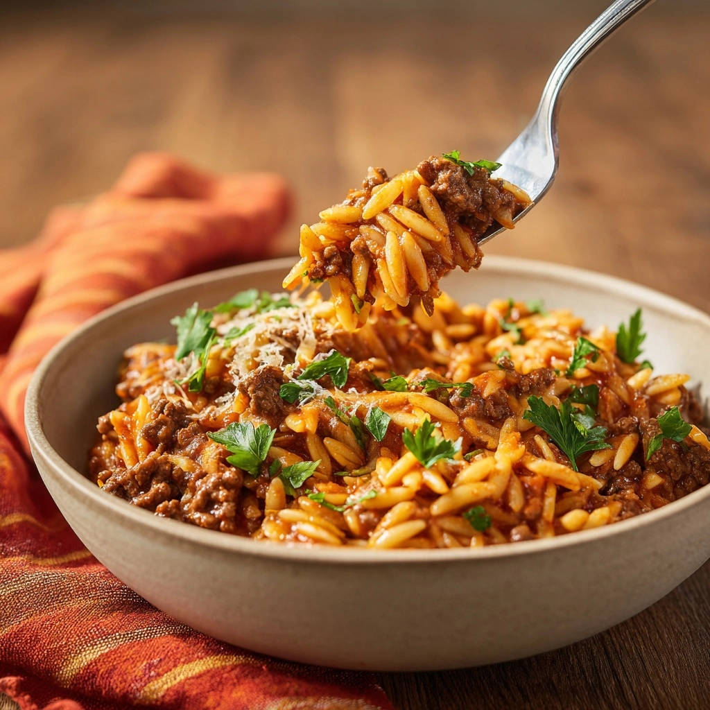 Hearty one-pot beef orzo with a forkful showing texture and parsley garnish in a bowl.