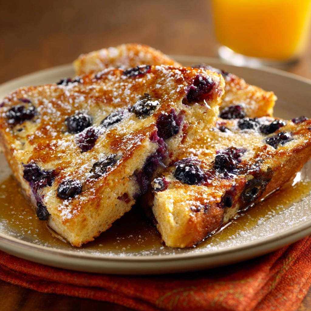 Blueberry French toast close-up slice showing the light and airy interior with fresh blueberries and powdered sugar.
