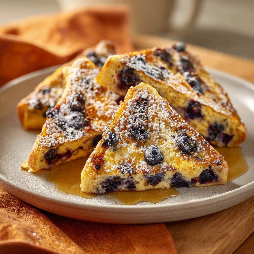 Blueberry French toast sliced into triangles and plated, dusted with powdered sugar and drizzled with syrup.