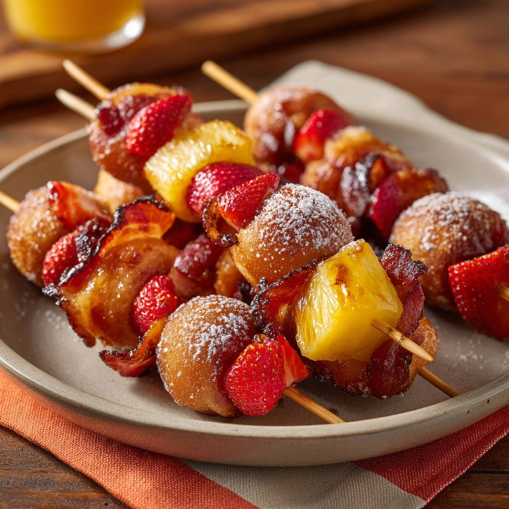 Sweet & Savory Breakfast Skewers with a close-up detail of powdered sugar dusting on a donut hole.