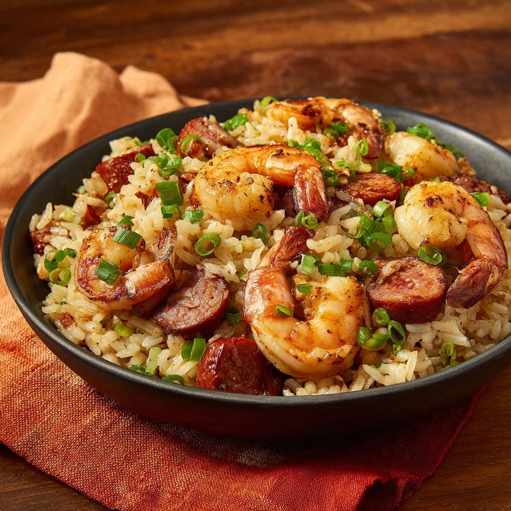 Cajun-style shrimp and sausage skillet served in a dark bowl with fluffy rice and green onions.
