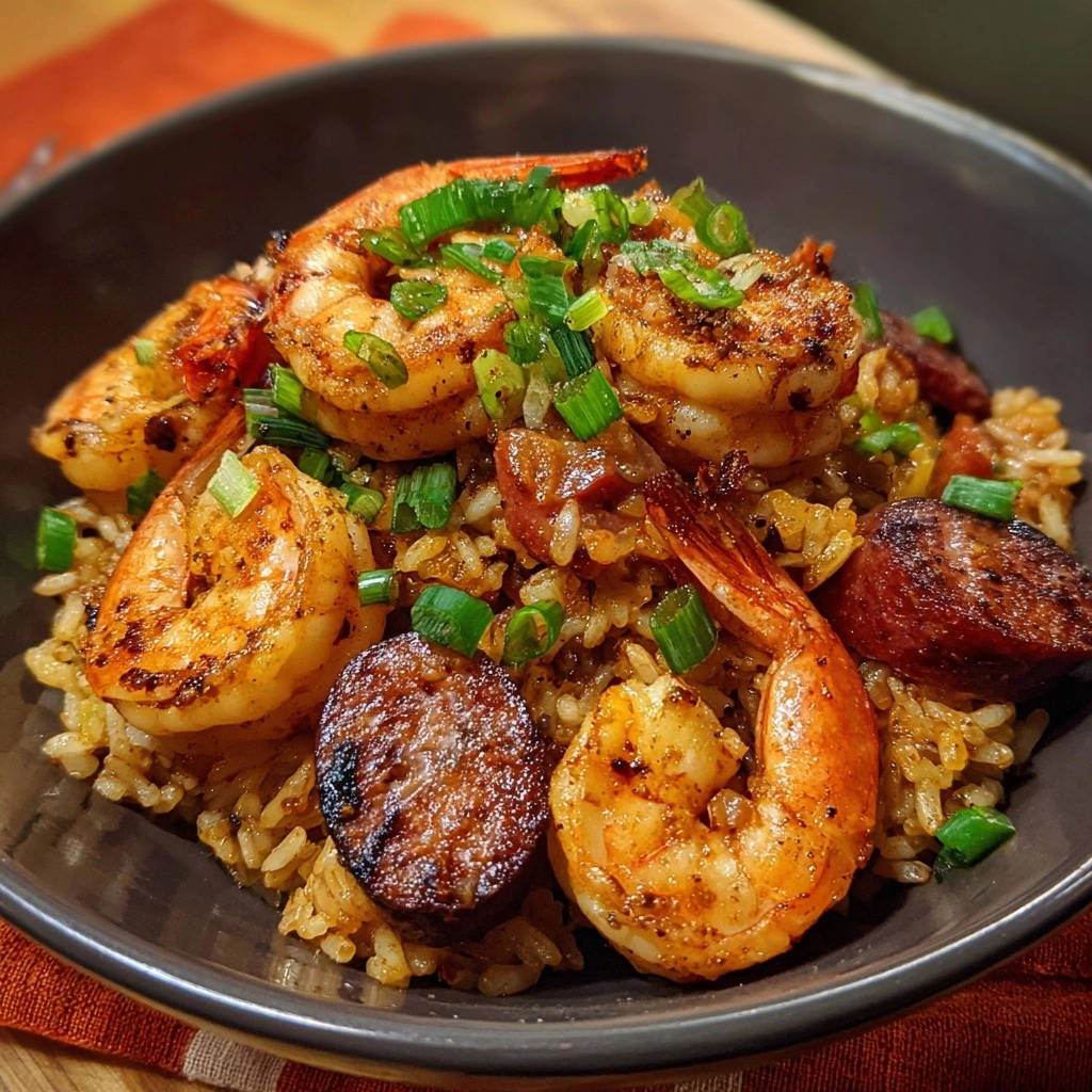 Cajun-style shrimp & sausage skillet with fluffy rice, topped with fresh green onions.