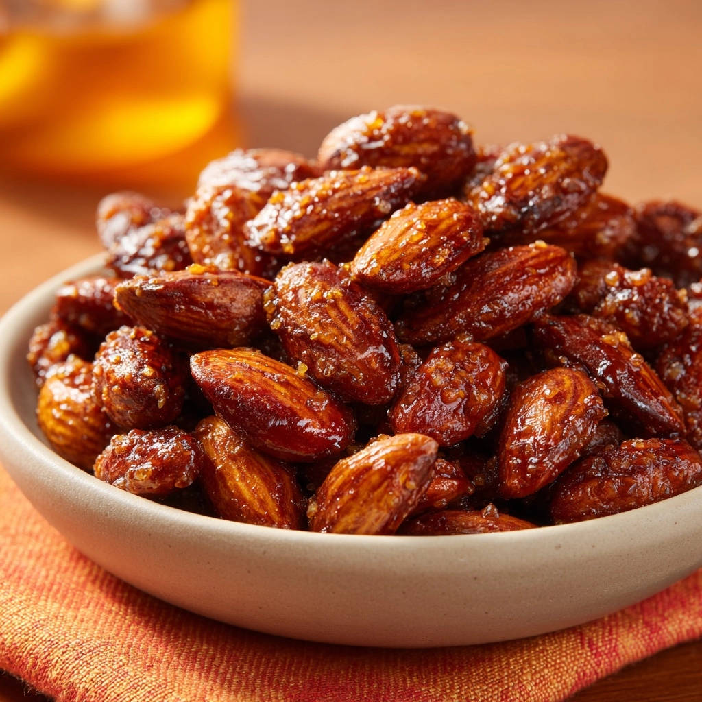 Sweet & Salty Candied Almonds shown in a close-up view within a bowl, highlighting their glossy texture.