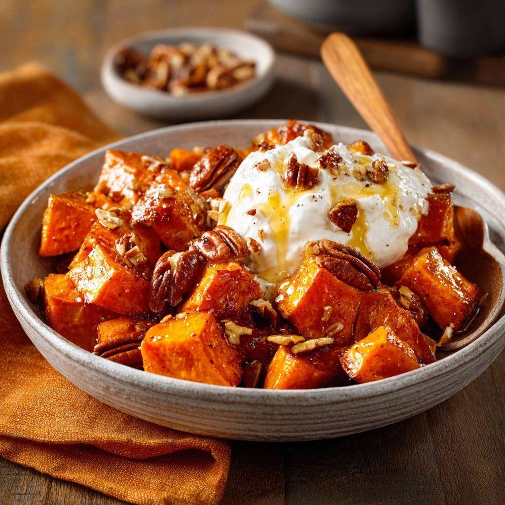 Candied sweet potatoes with pecans in a bowl, topped with a creamy dollop and drizzled with honey.