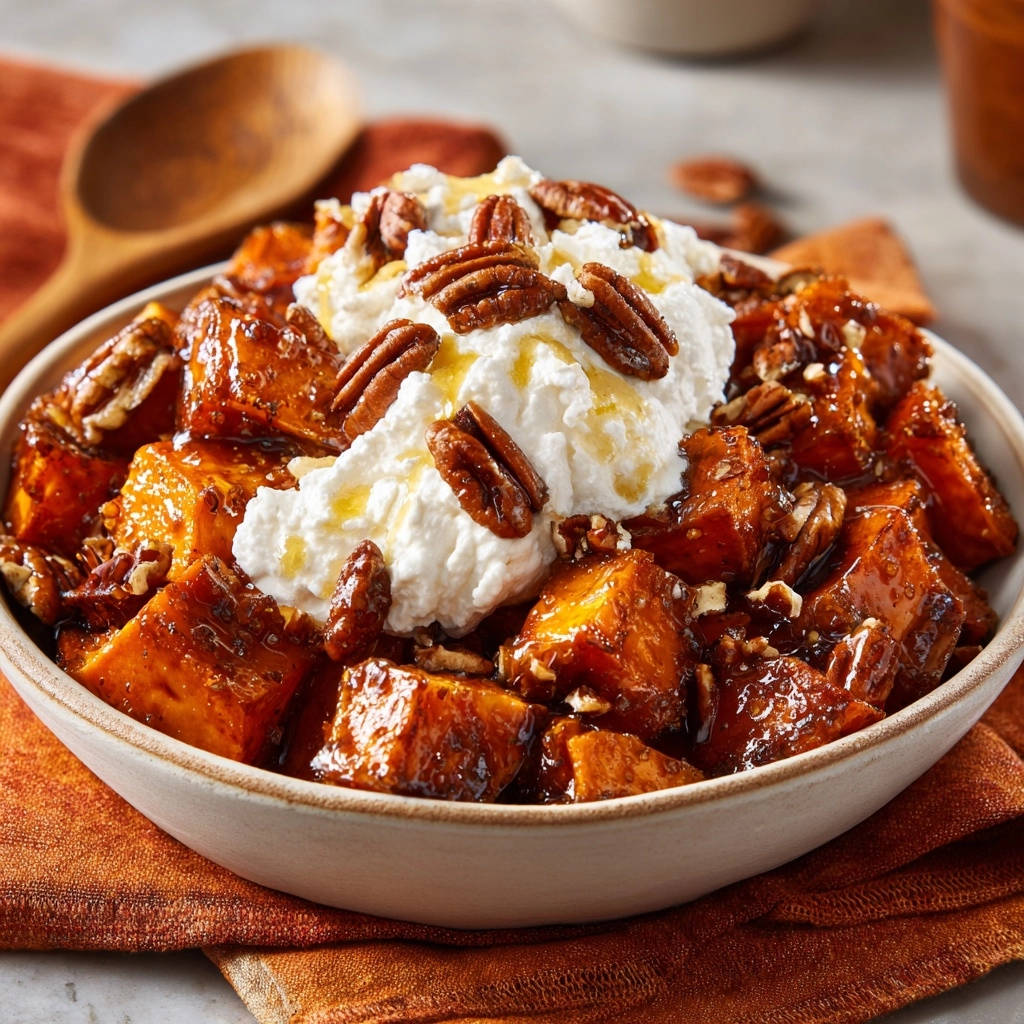 Candied sweet potatoes with pecans topped with whipped cream and drizzled with honey in a bowl.