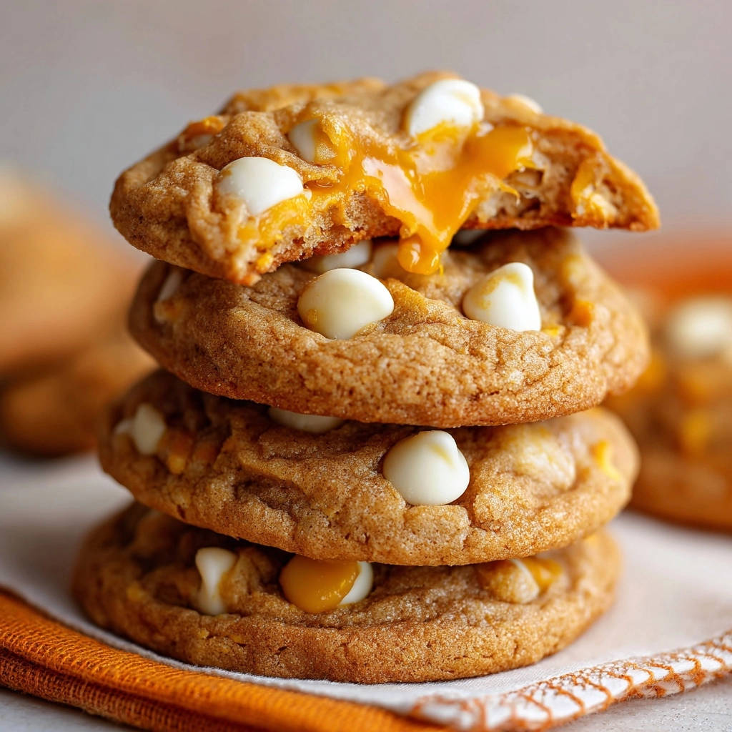 Caramel stuffed white chocolate chip cookies cross-section showing gooey caramel oozing from the center.