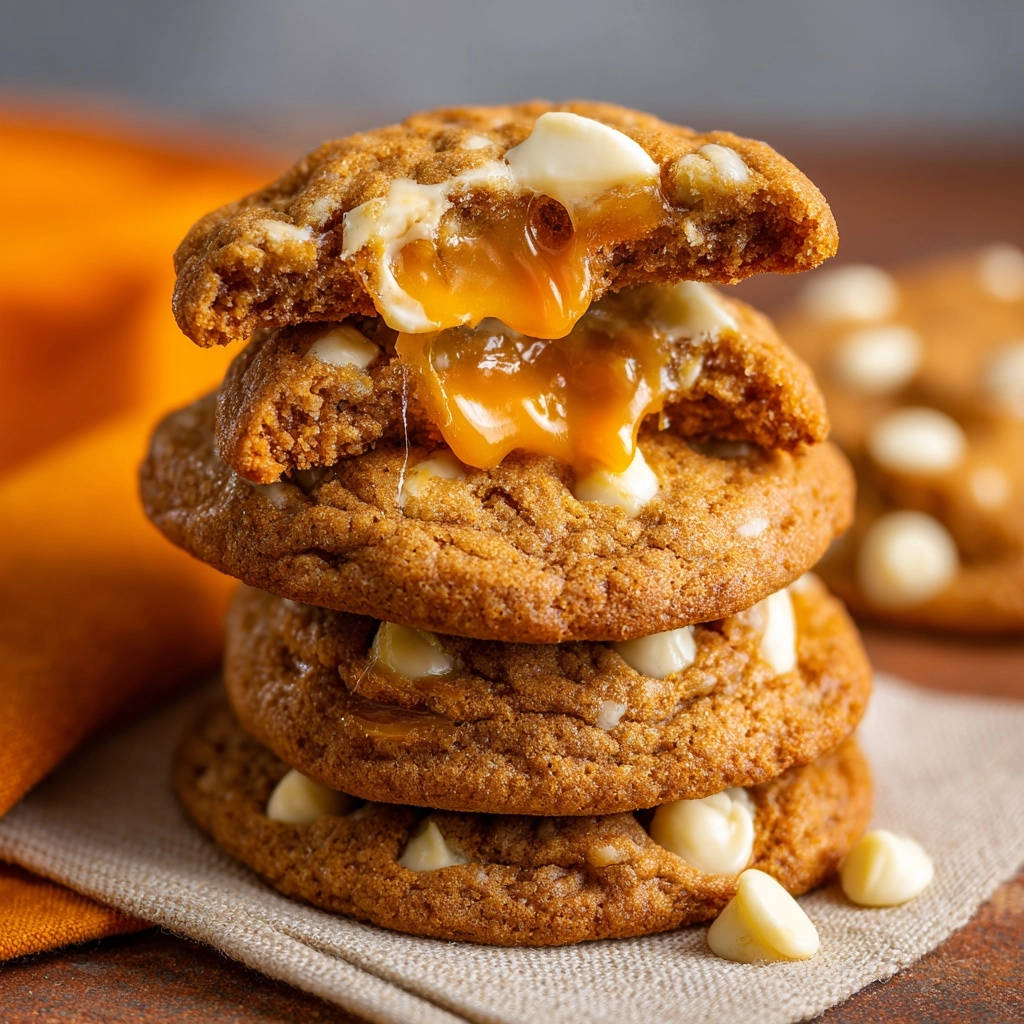 Caramel stuffed white chocolate chip cookies with a gooey, molten caramel center revealed in a cross-section view.