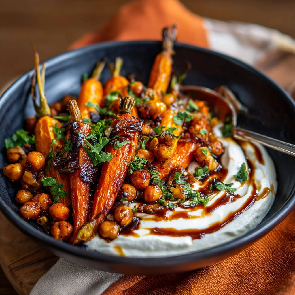 Caramelized carrot and chickpea bowl served over a swirl of creamy yogurt with a drizzle of sauce.