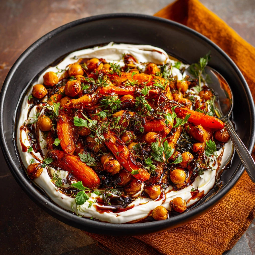 Caramelized carrot and chickpea bowl with creamy yogurt, drizzled with glaze and topped with fresh herbs.