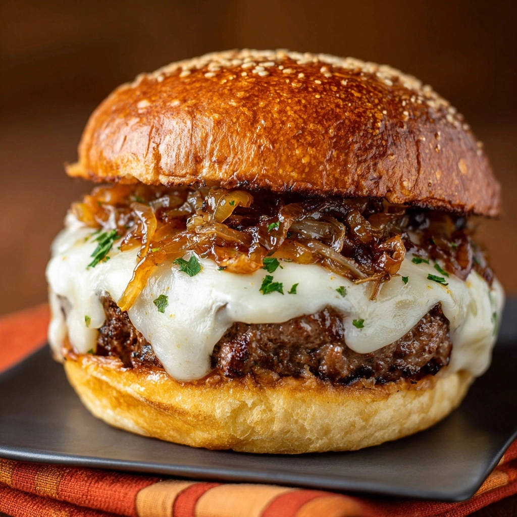 Gourmet caramelized onion cheeseburger featuring a juicy patty topped with melted cheese and sweet caramelized onions.