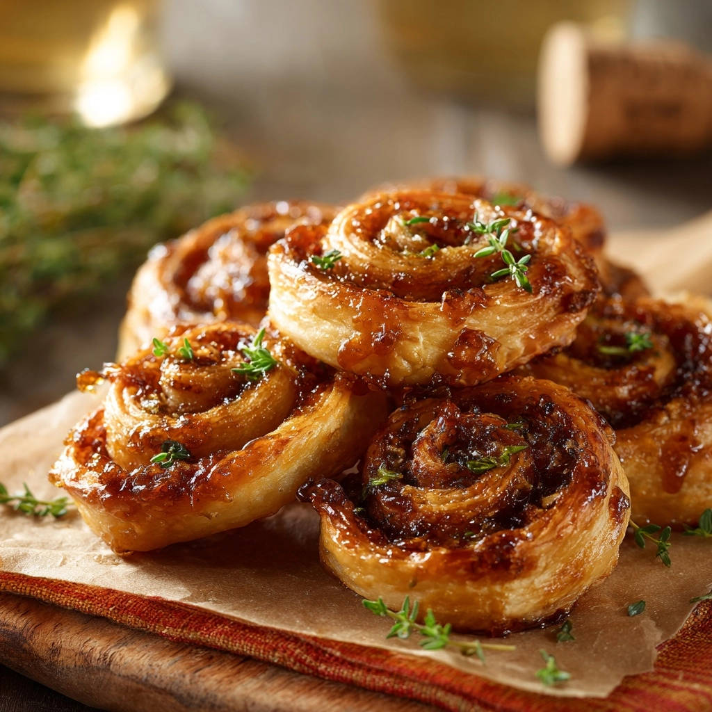 Caramelized onion &amp; thyme pinwheels are shown in a close-up view with fresh thyme sprigs as garnish.