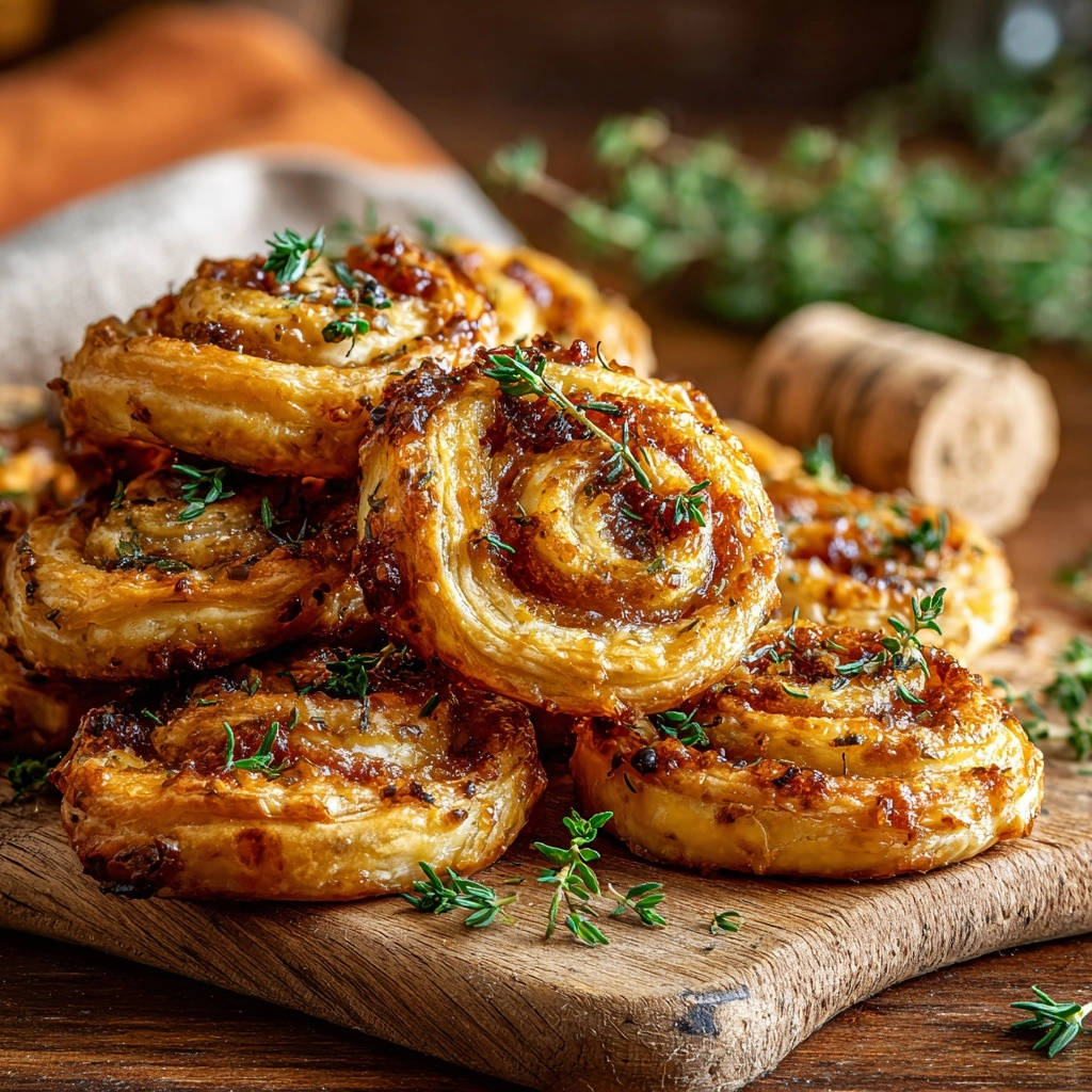 Caramelized onion & thyme pinwheels stacked and garnished with fresh thyme, showing flaky pastry layers in a close-up view.