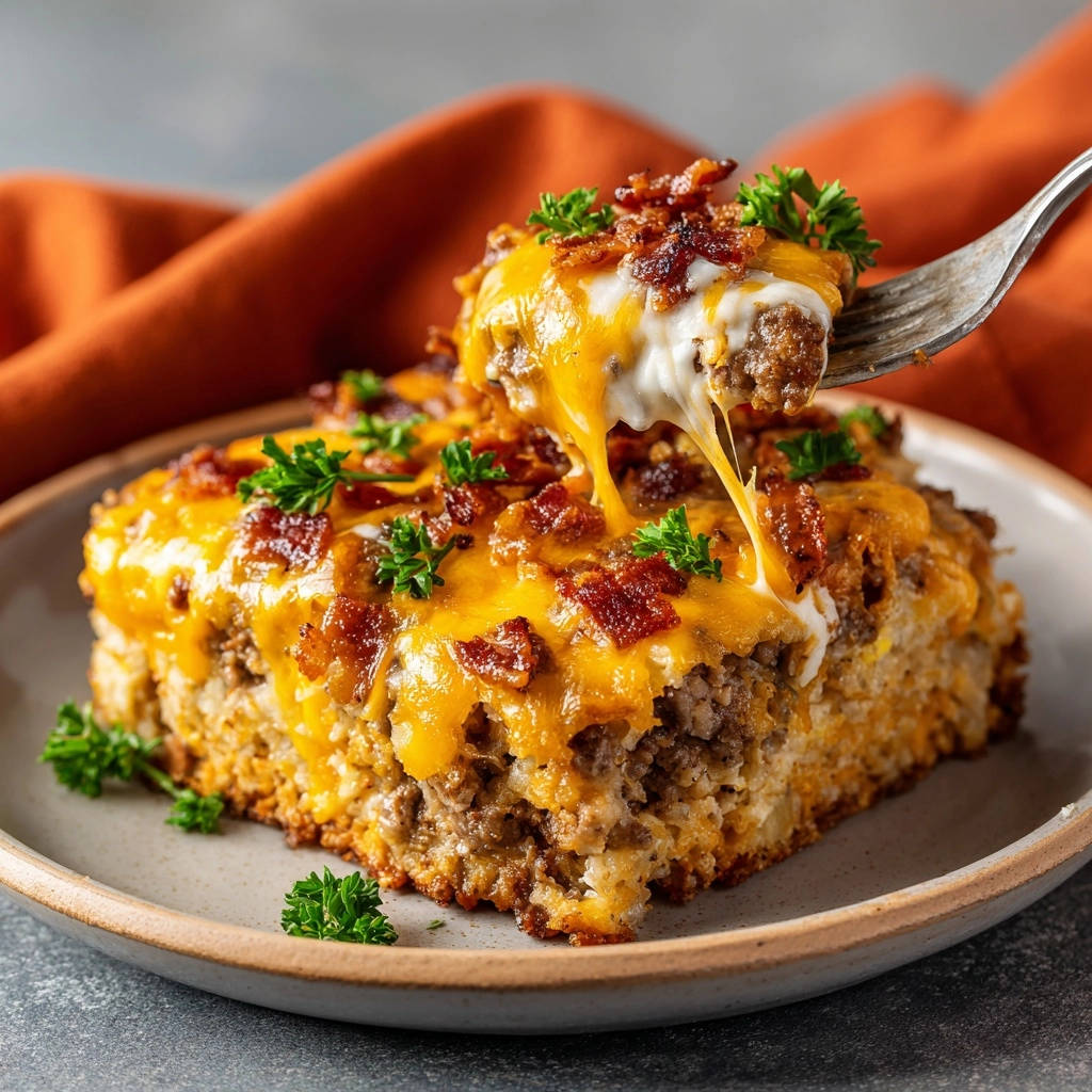 Cheesy bacon beef bake with a fork lifting a juicy, cheesy slice, showing melted cheese and bacon topping.