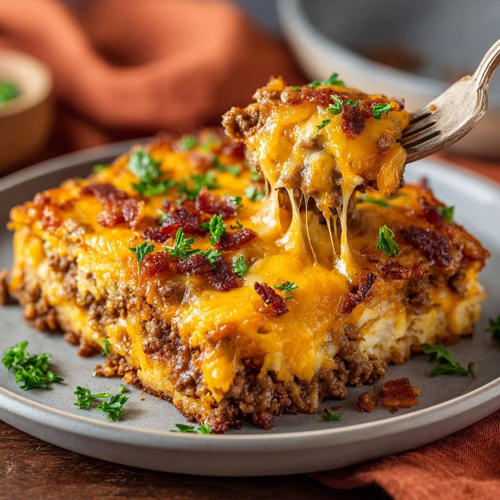 Cheesy bacon beef bake with a fork lifting a gooey, cheesy slice, showing its juicy interior.