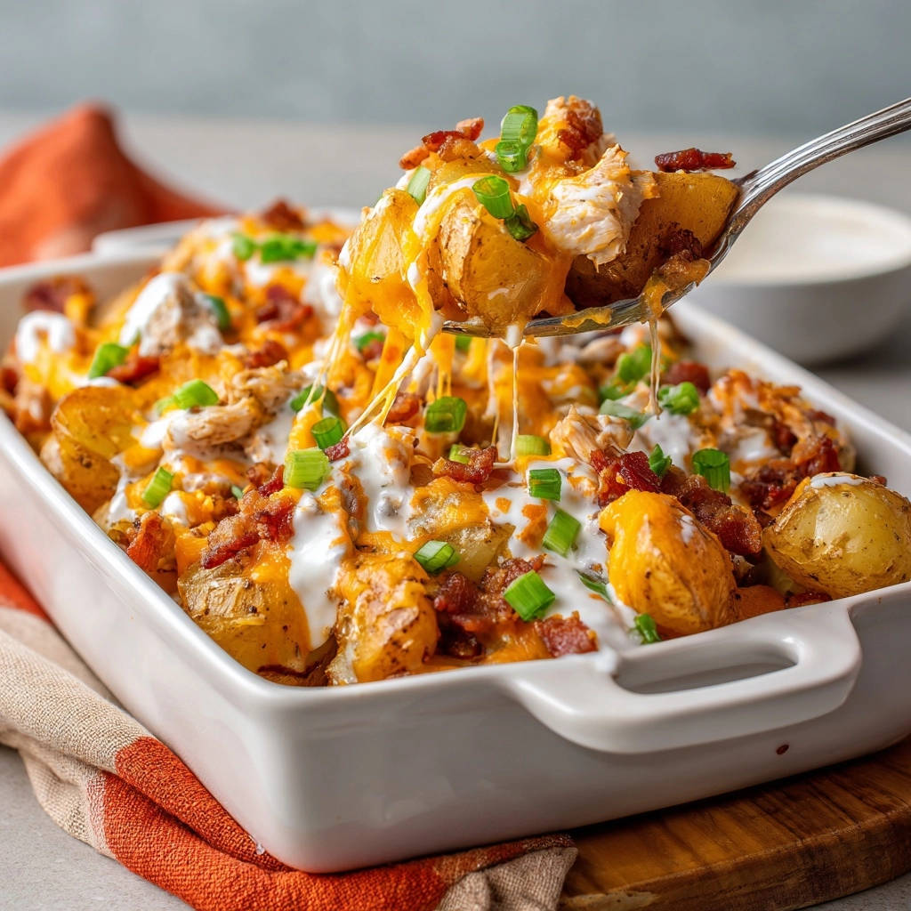 Cheesy bacon roasted potatoes with a spoonful being lifted, showing melted cheese strings and toppings.