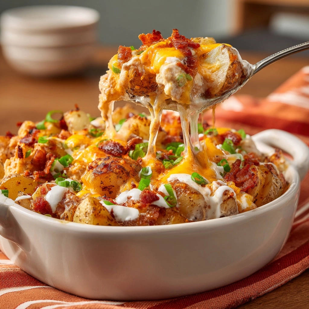 Cheesy bacon roasted potatoes with a spoonful being lifted, showing melted cheese strings and toppings.