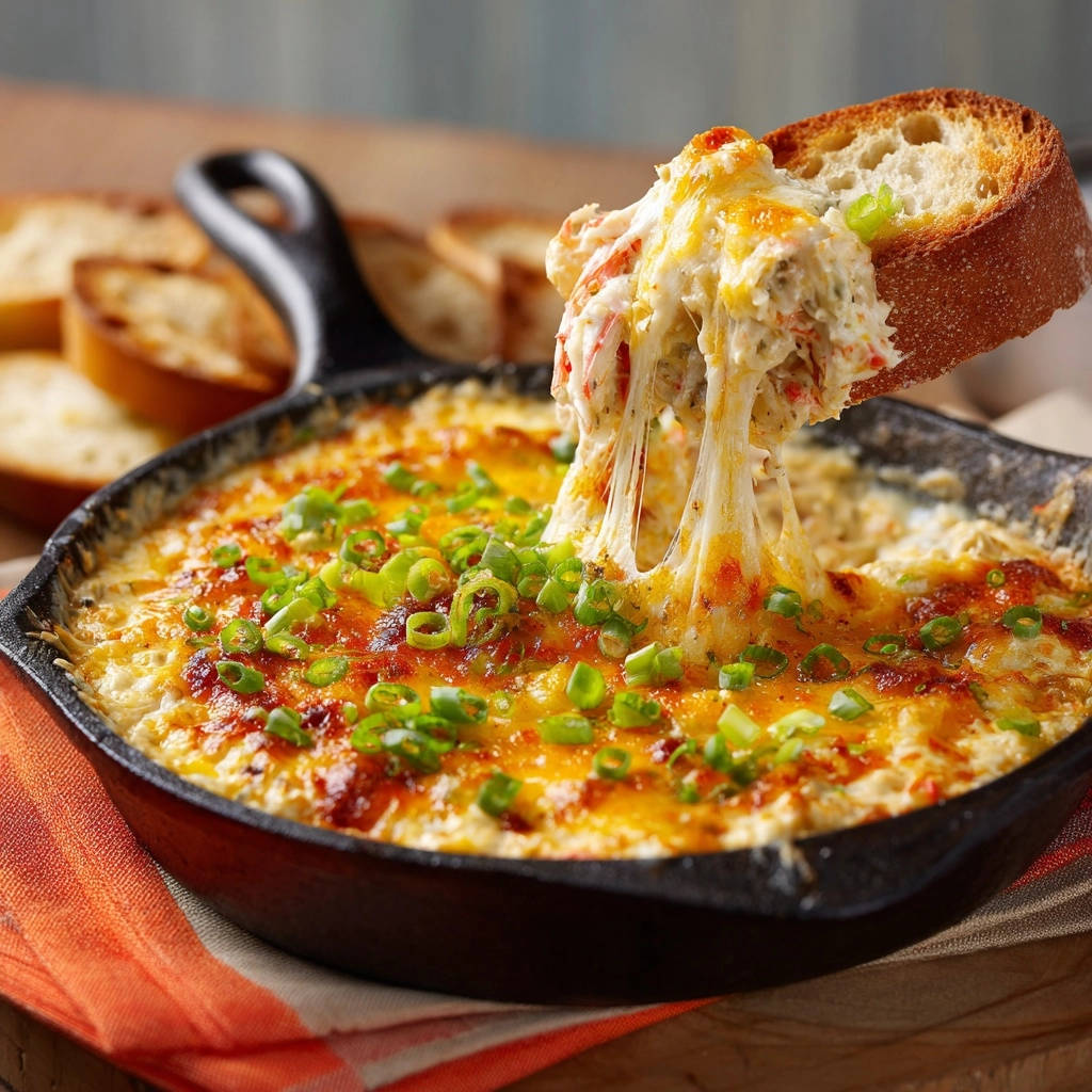 Cheesy baked crab dip with a piece of bread showing a long, gooey cheese pull from the hot cast iron skillet.