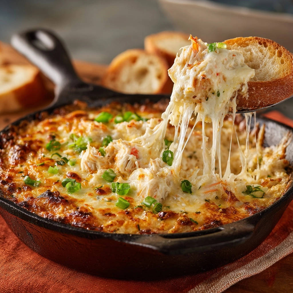 Cheesy baked crab dip with a gooey cheese pull being lifted by a slice of bread from a cast iron skillet.