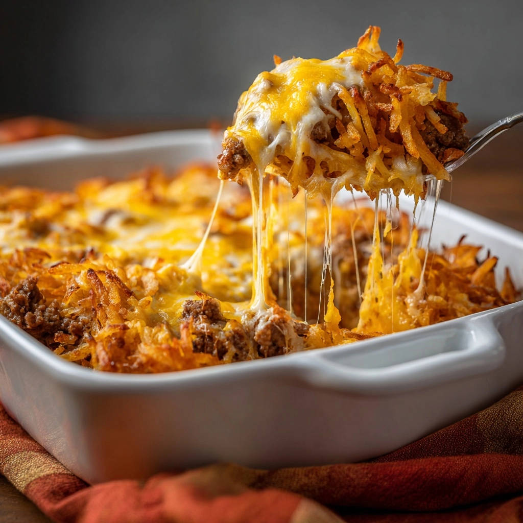 Cheesy beef and hash brown bake with a fork lifting a portion, showing strings of melted cheese.